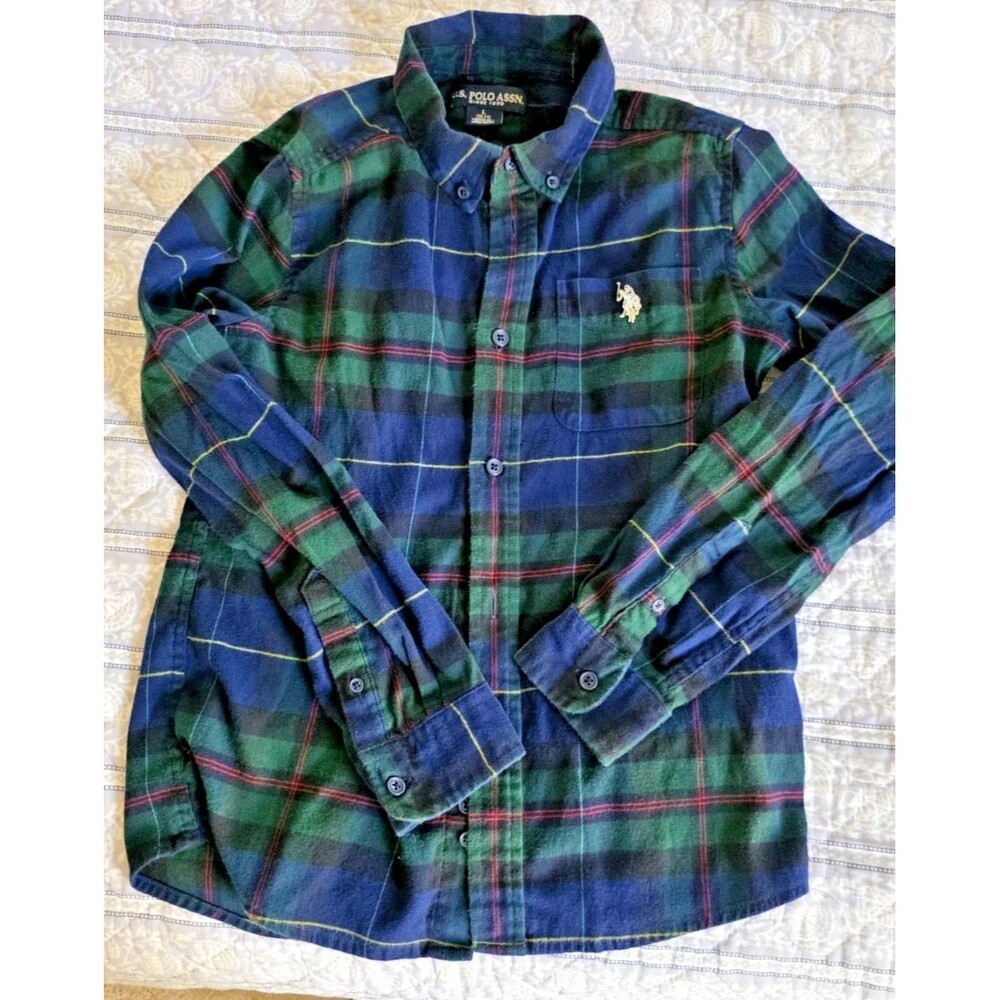 US Polo Assn Boy's Flannel Long Sleeve Plaid Button Down Shirt 10-12